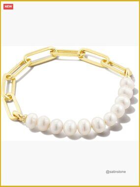 Gold-Plated Brass Half Chain Bracelet with White Cultured Pearls
